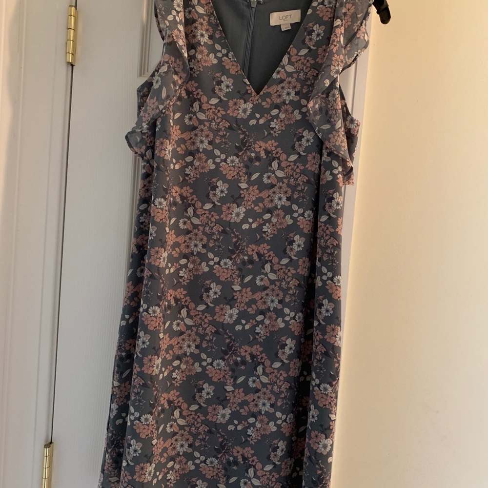 Loft floral grey blue pink dress ruffles